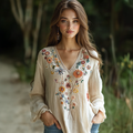Retro Bohemian Floral Graphics Cotton And Linen Blend Loose Blouse elevenforest