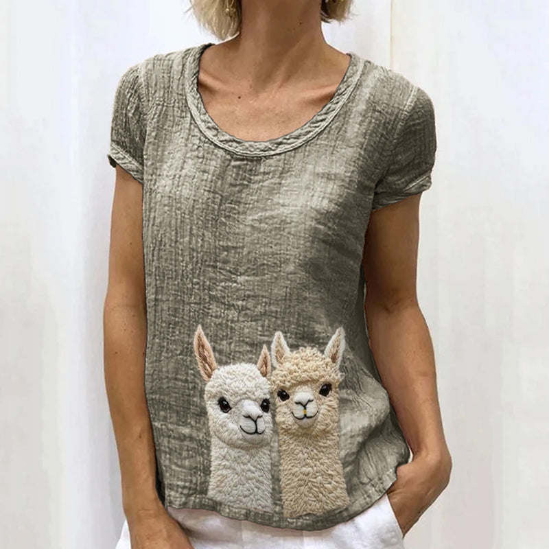 Comstylish Lovely Fuzzy Alpaca Embroidered Linen Shirt