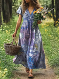 Women's Art Painting Colorful Floral Print V-Neck Short Sleeve Dress
