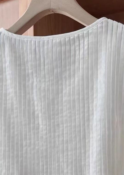 Simple White O Neck Wrinkled Cotton Vest Sleeveless