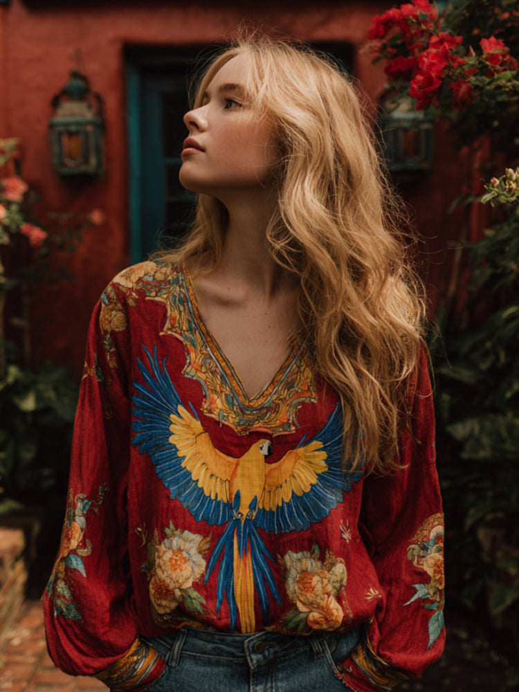 Vintage Color Parrot And Floral Linen V-neck Top elevenforest