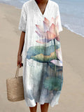 Stylish Water Lily Art Pattern V-Neck Dress