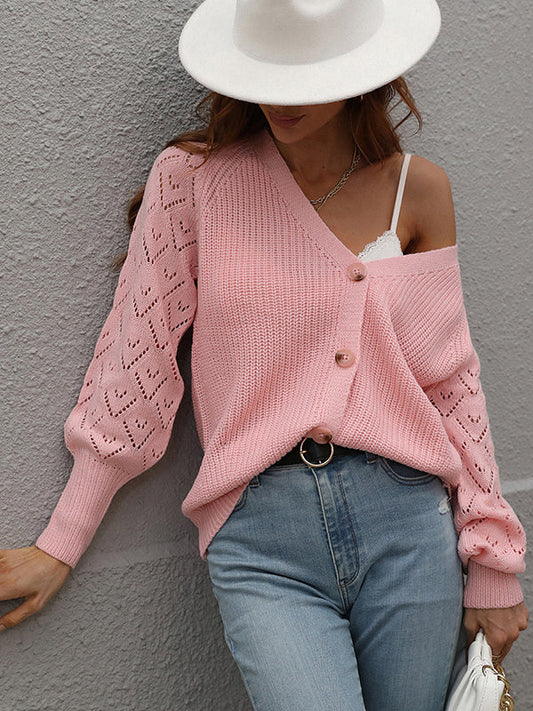 Long Sleeves Loose Color V-neck Cardigan Tops