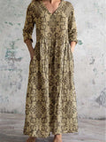 Women's Elegant Simple Floral V-Neck Cotton and Linen Dress with Pocke