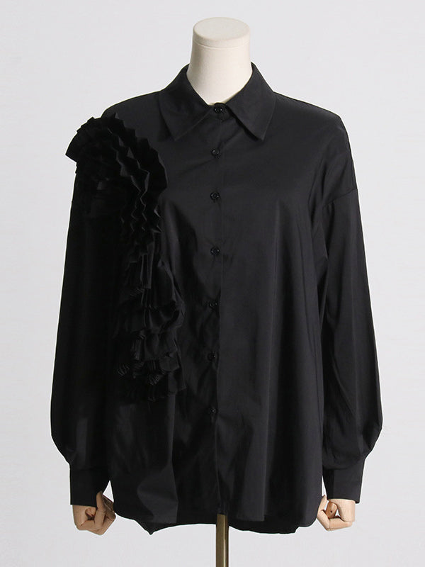 Long Sleeves Loose Asymmetric Buttoned Pleated Color Split-joint Three-dimensional Flower Lapel Blouses&shirts Tops