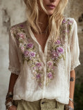 Boho Lace Floral Embroidery Women's Linen V-neck Short Sleeve Shirt elevenforest