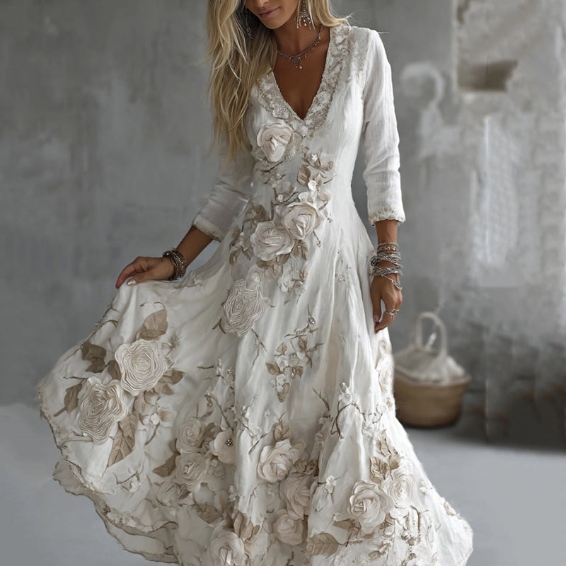 Women's Vintage Rose Embroidery Art V-neck Maxi Dress elevenforest
