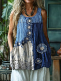 Floral Denim Textile Lace Hem Patchwork Tank Top elevenforest
