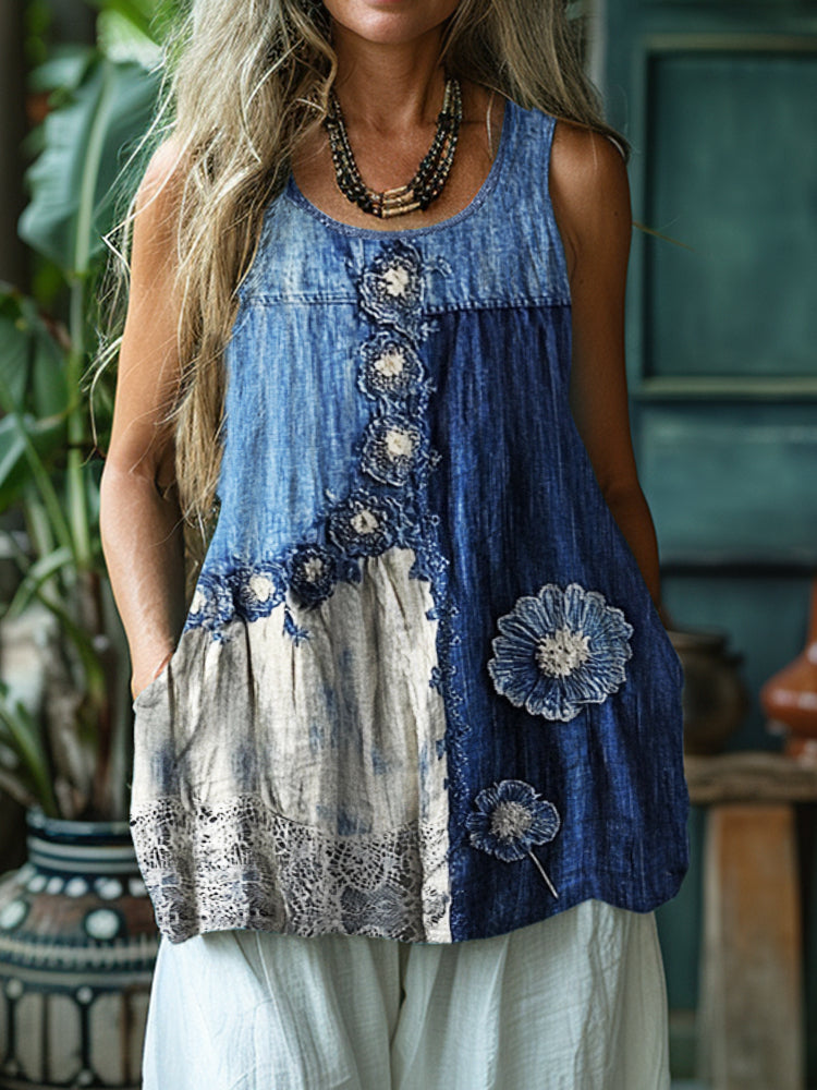 Floral Denim Textile Lace Hem Patchwork Tank Top elevenforest