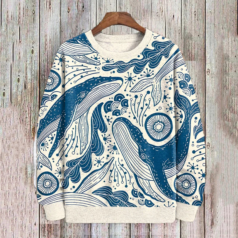 Men's Ocean Whale Geometric Pattern Art Print Casual Sweatshirt elevenforest