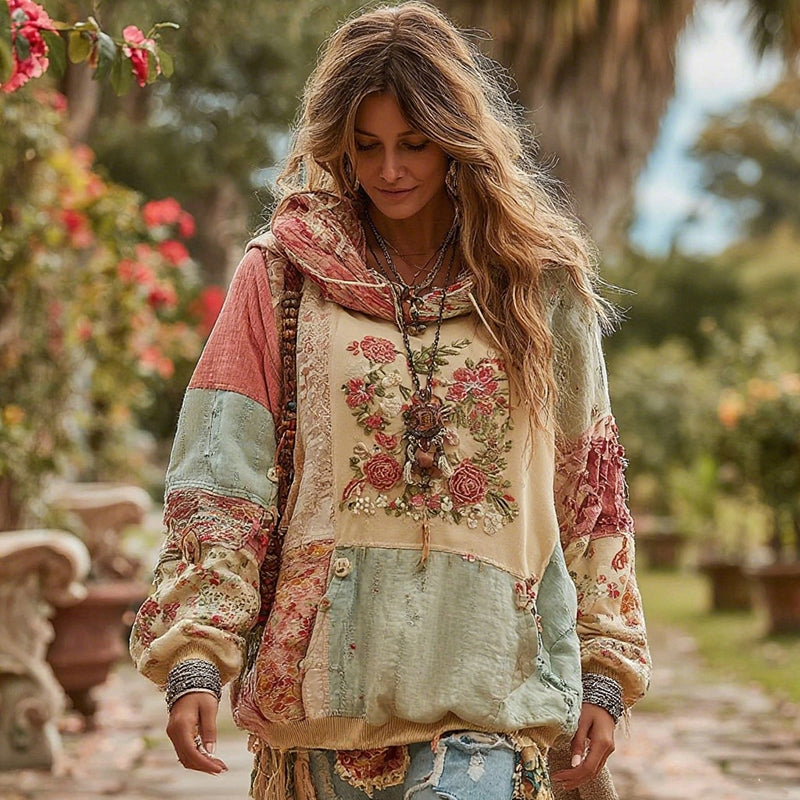 Women's Bohemian Floral Panel Cozy Warm Hoodie elevenforest