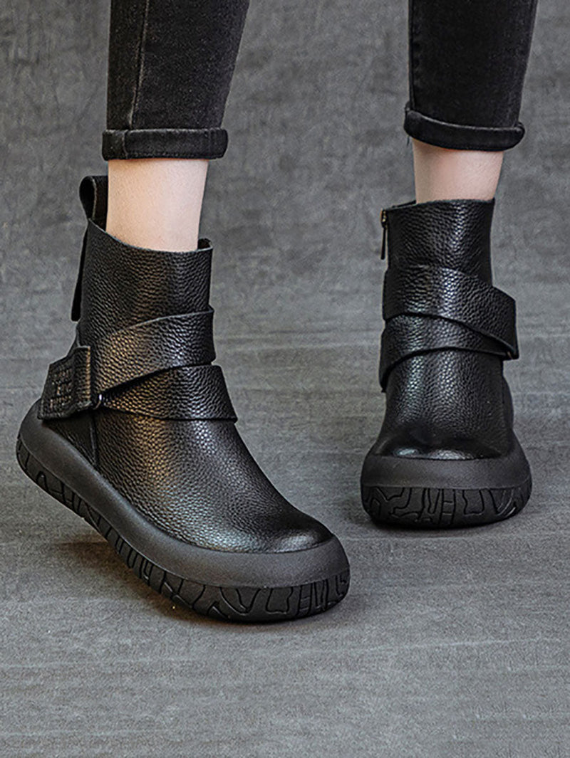 Genuine Leather Spliced Flat Ankle Boots Av1039