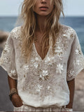 Women's White Flower V-neck Vintage Embroidery Short-sleeved Shirt elevenforest