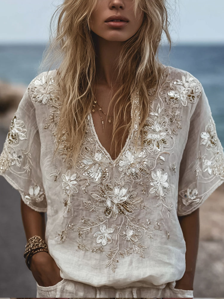 Women's White Flower V-neck Vintage Embroidery Short-sleeved Shirt elevenforest
