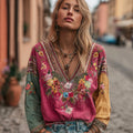 Women's Floral Embroidery Art Boho Colorblock Linen Blend V-neck Shirt elevenforest