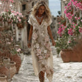 Women's Vintage Romantic White Rose Embroidery Art Comfy Linen Short Sleeve Maxi Dress elevenforest
