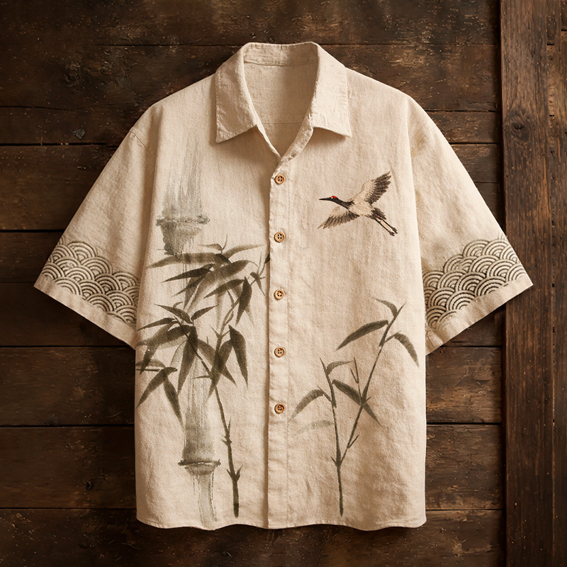 Men's Japanese-style Bamboo Pattern Linen Short-sleeved Shirt elevenforest
