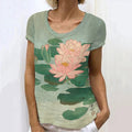 Japanese Art Lotus Print Linen Blend Casual T-Shirt elevenforest
