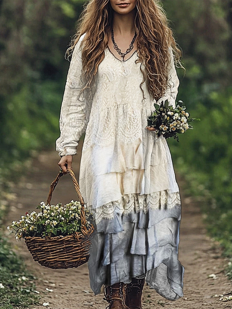 Vintage Floral Lace Layered Flowy Linen Blend Maxi Dress elevenforest