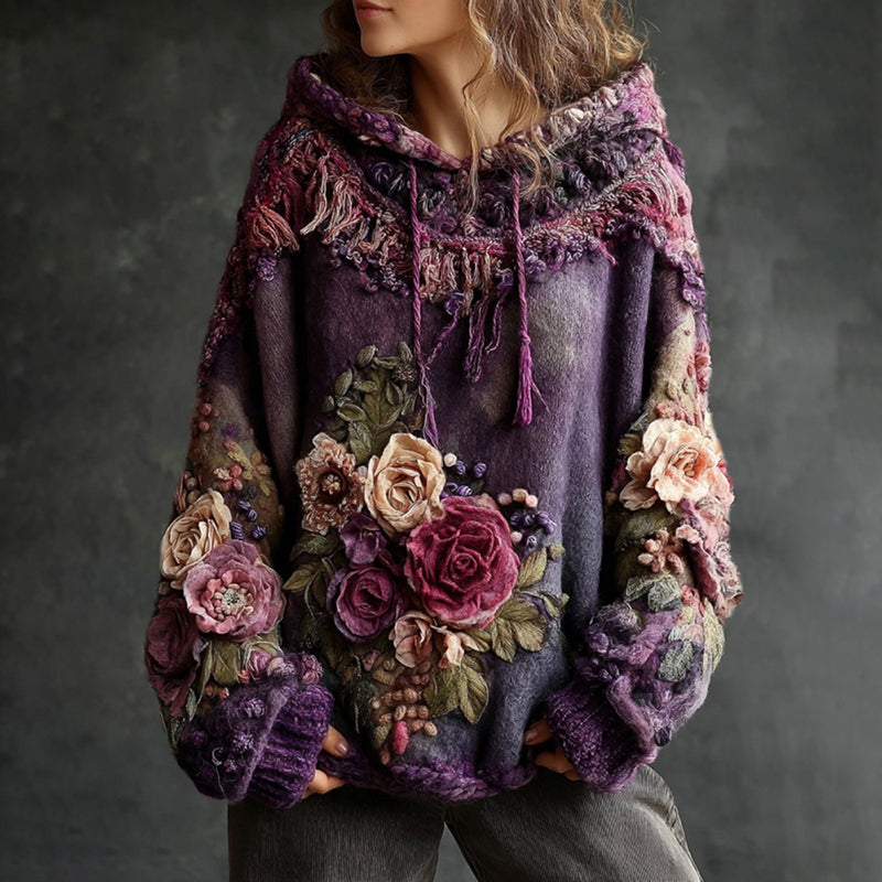 Women's Rose Embroidery Art Cozy Hooded Sweater elevenforest