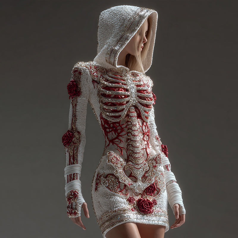 Women's Skeleton Roses Bandages Shining Diamond Art Cozy Knit Hooded Mini Sweater Dress artswardrobe