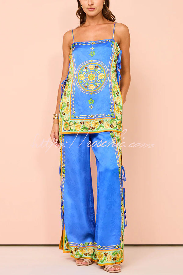 Nara Satin Unique Print Side Lace-up Tank and Elastic Waist Pocketed Wide Leg Pants Set