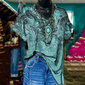 Retro Tribal Paisley Print Casual V-neck T-shirt elevenforest