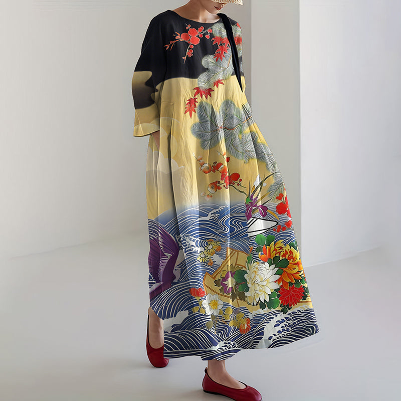 Comstylish Women's Vintage Japanese Floral Art Print Midi Dress
