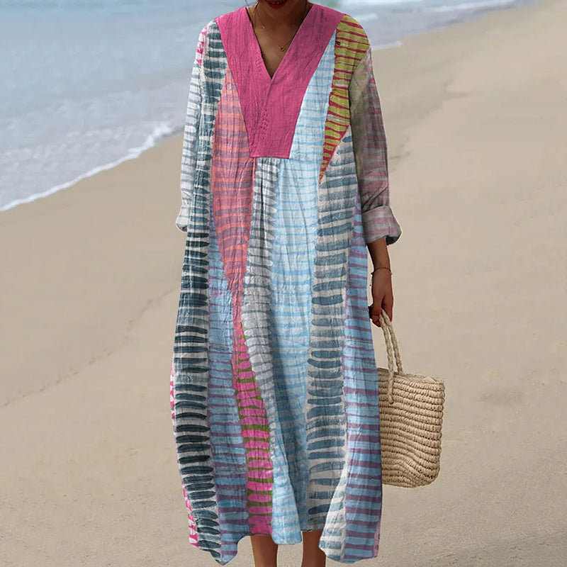Vintage Color Block Line Art  Pattern Casual Maxi Dress elevenforest