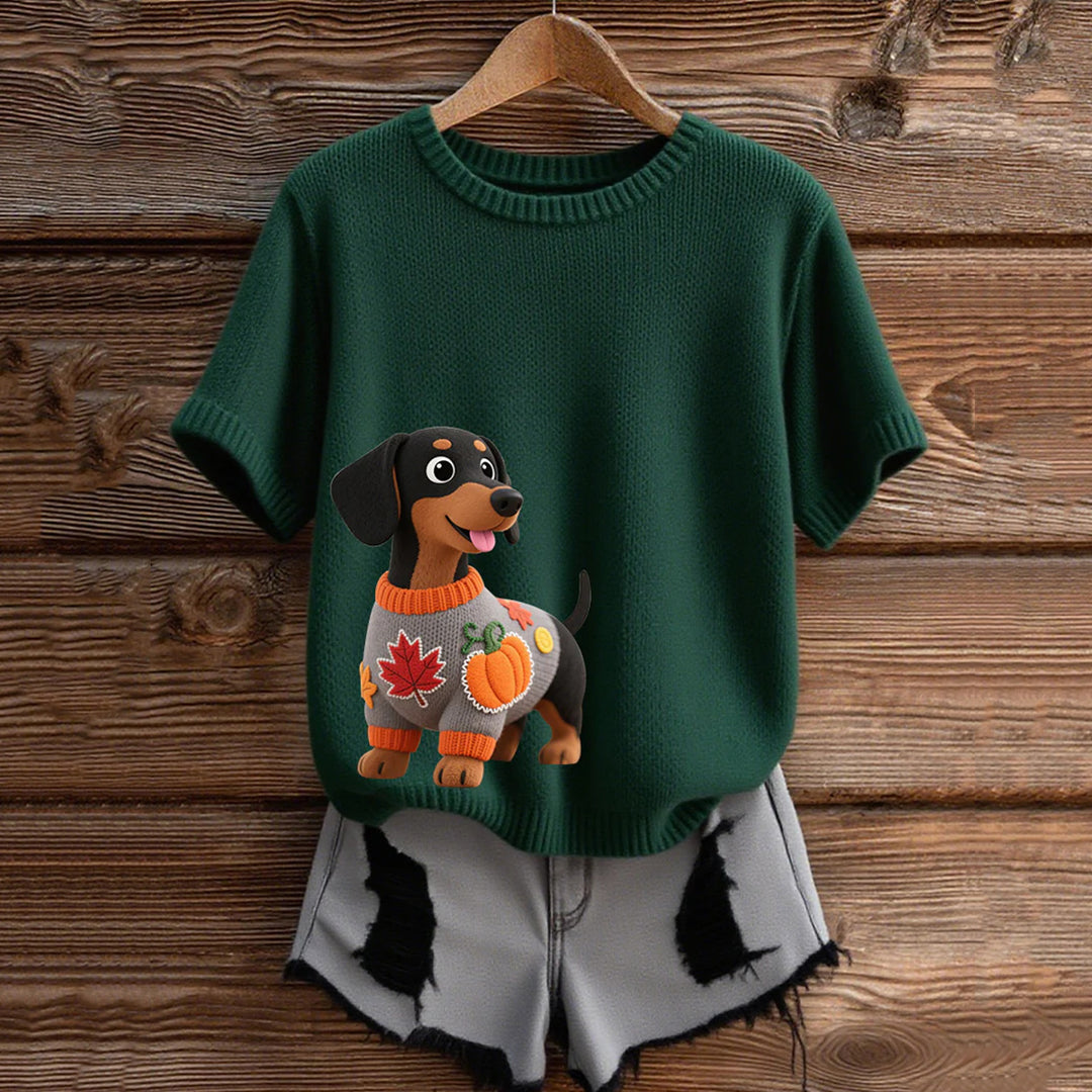 Vintage Dachshund  With Felt In Autumn Inspired Embroidered Short Sleeve Cozy Knit Sweater elevenforest