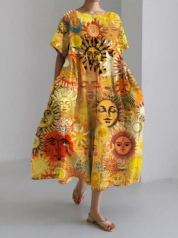 Comstylish Litha Midsummer Sun Boho Art Linen Maxi Dress