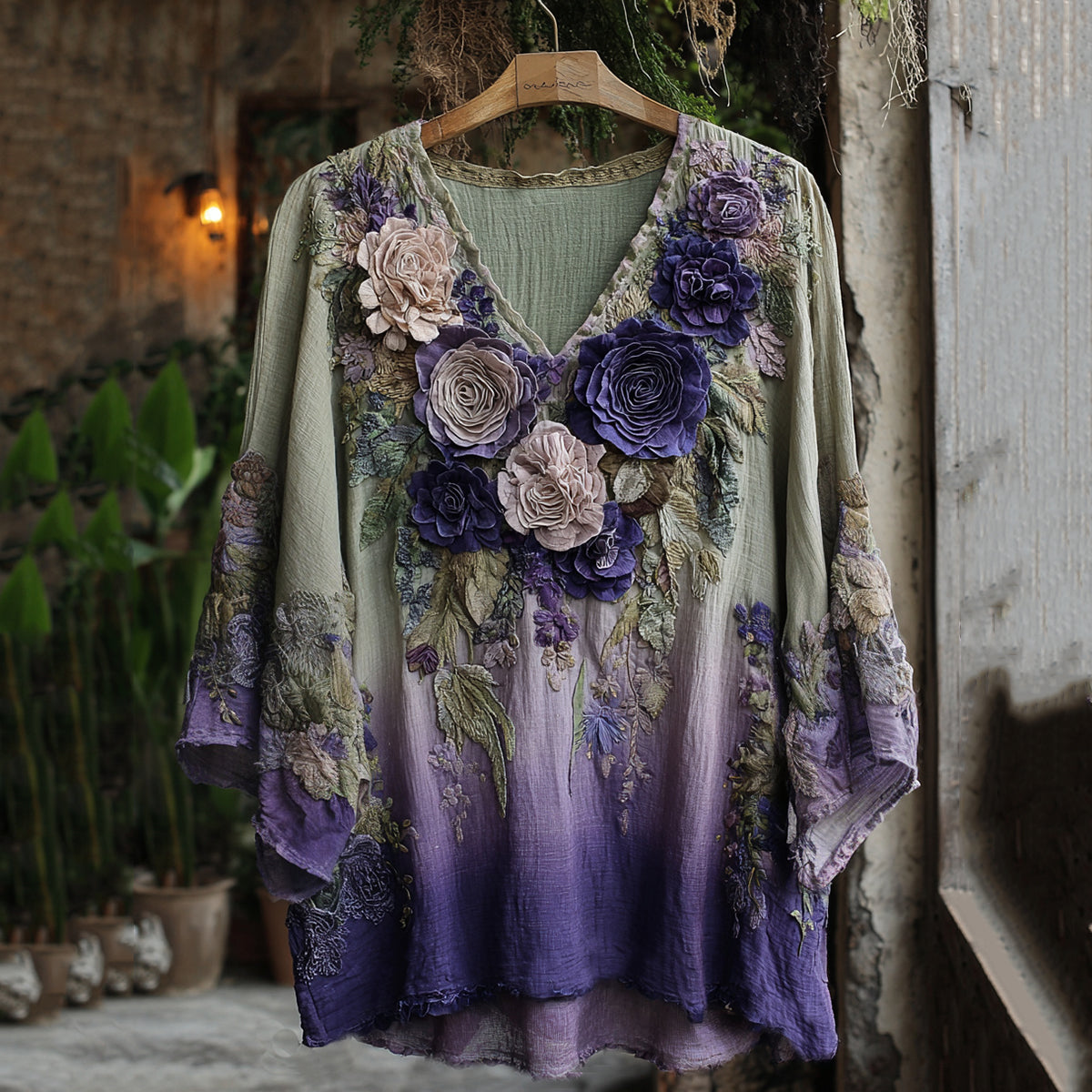 Vintage Classic Purple Lavender And Floral Embroidered Linen V Neck Shirt elevenforest