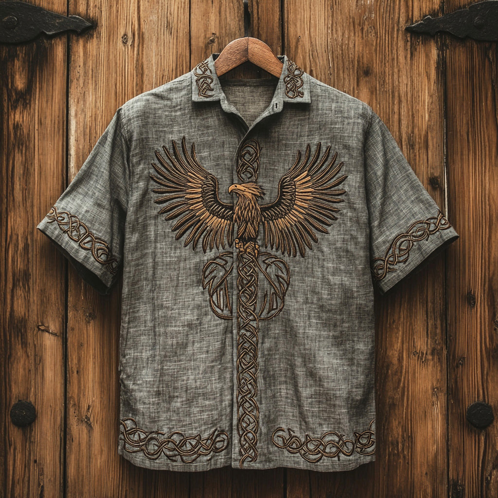 Men's Retro Viking Tribal Eagle Celtic Art Linen Shirt elevenforest