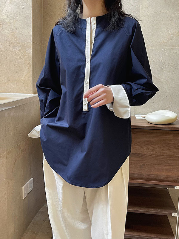Urban Long Sleeves Loose Contrast Color Round-neck Blouses&shirts Tops