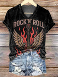 Women's Retro Rock Art Print V-neck Casual T-Shirt