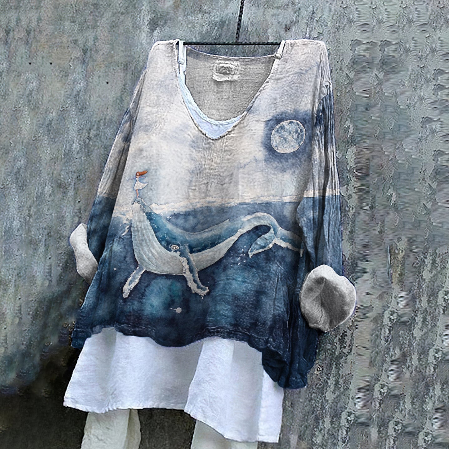 Vintage Fantasy Humpback Whale Girl Nursery Dreamy Art Pattern Linen Blend Tunic elevenforest