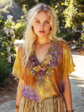 Boho Vintage Floral Sunset Tie-dye Women's Linen V-neck Shirt elevenforest