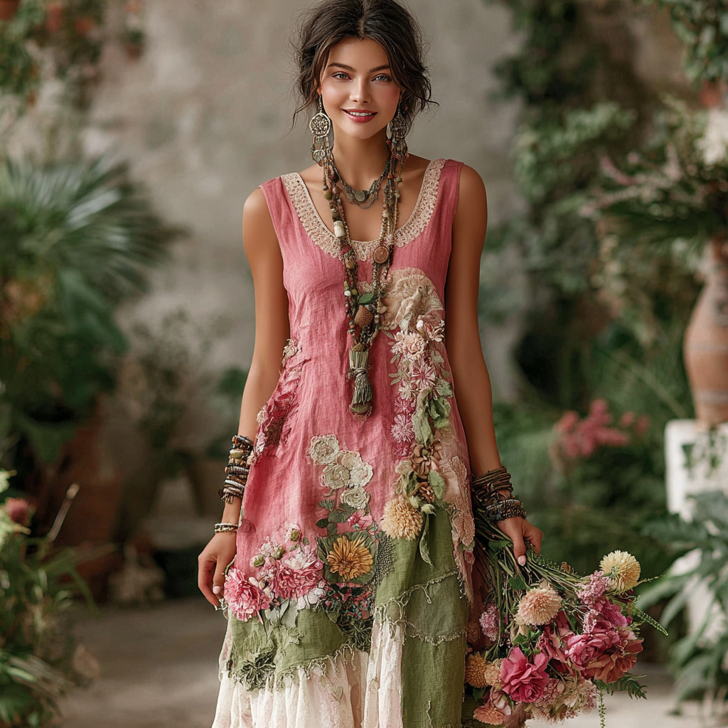 Women's Floral Patchwork Embroidered Sleeveless Round Neck Dress elevenforest