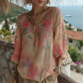 Women's Tie-dye Style Floral Embroidered Round Neck Comfortable Top elevenforest