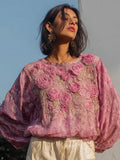 Vintage Pink Lace Rose Embroidered Glitter Linen Shirt elevenforest