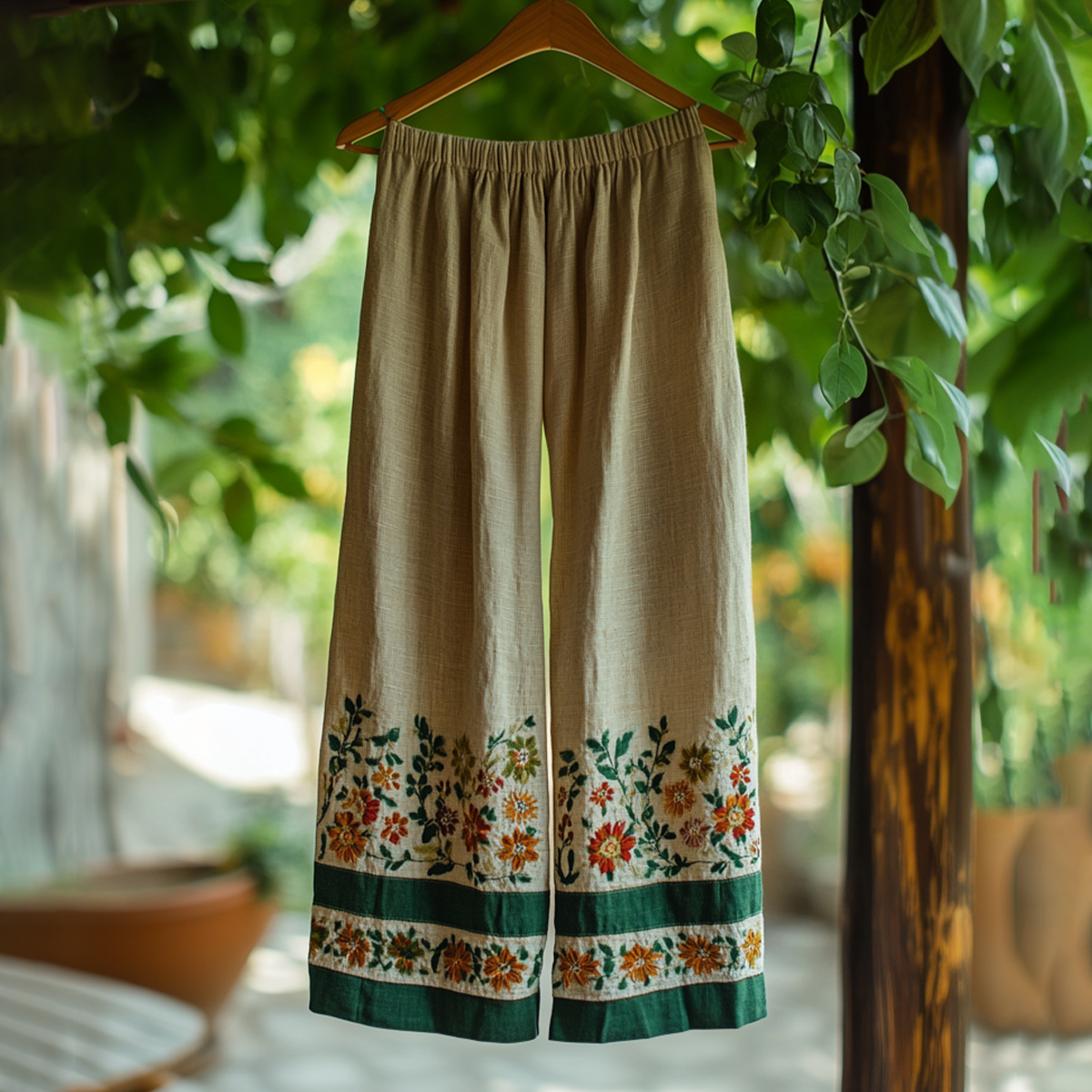 Embroidered Flower Linen Blend Wide Leg Casual Pants elevenforest