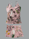 V-Neck Vintage Mermaid Print Suspender Skirt Tankini Pantskirt Set Swimsuit