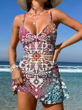 Retro Pattern V-Neck Floral Art Print Suspender Skirt Tankini Pantskirt Set Swimsuit