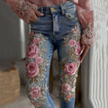 Women's Vintage Rose Floral Embroidery Art Casual Jeans elevenforest