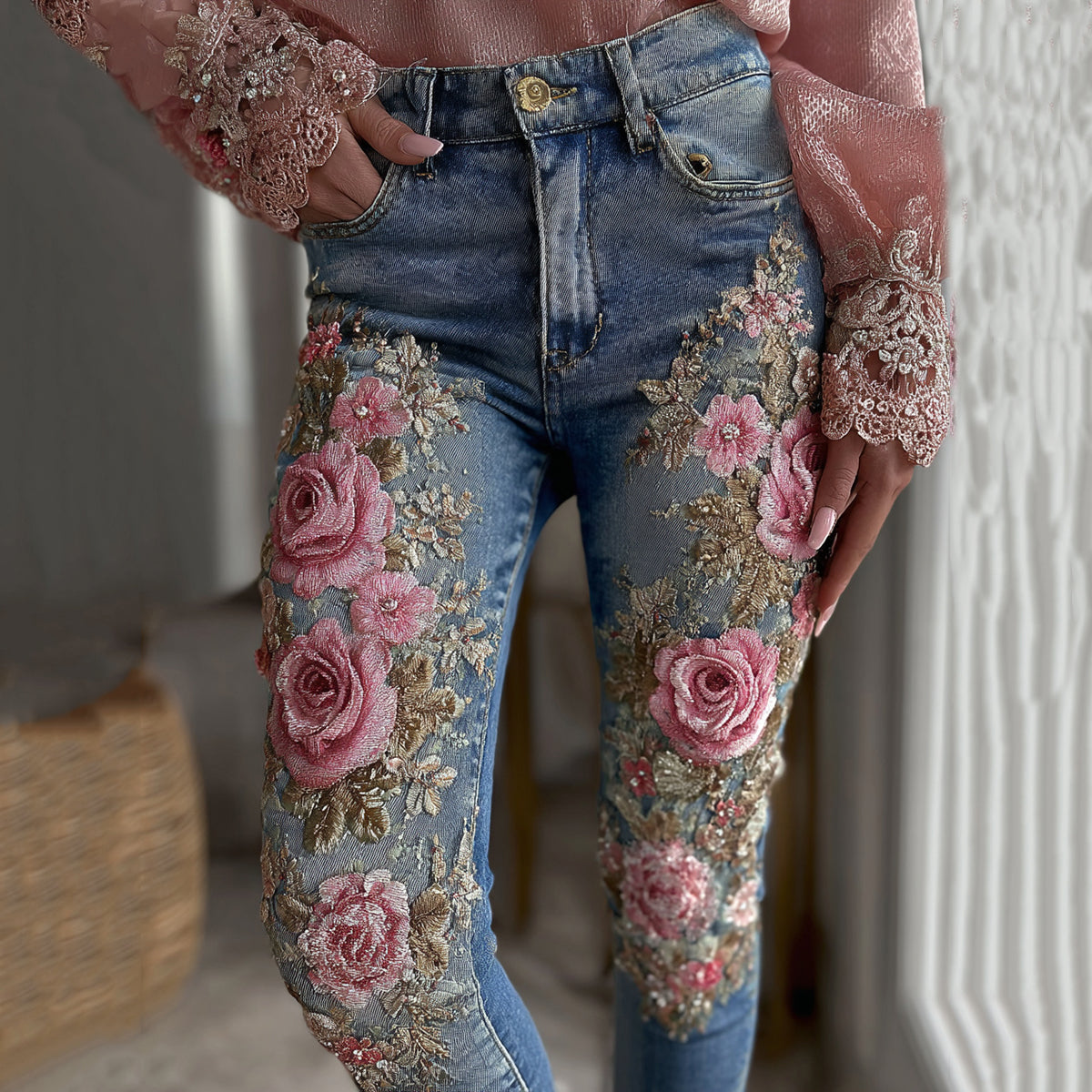 Women's Vintage Rose Floral Embroidery Art Casual Jeans elevenforest