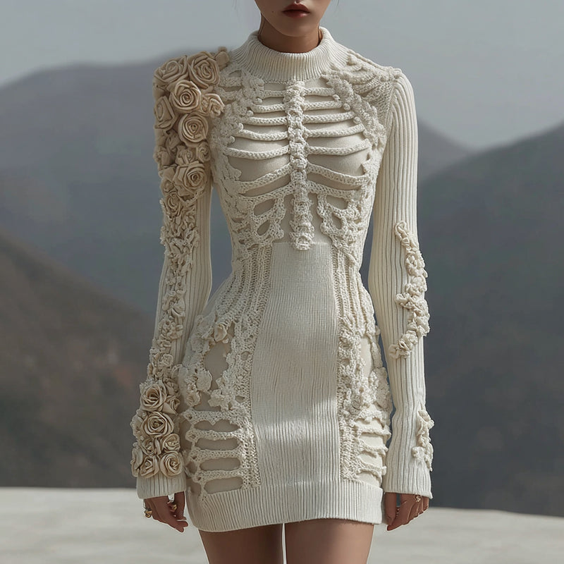 Women's Vintage White Rose Skull Knit Mini Sweater Dress elevenforest