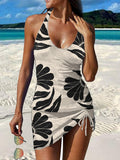 Vintage Floral Print Pleated Drawstring V-neck Tankini Pantskirt Set Swimsuit