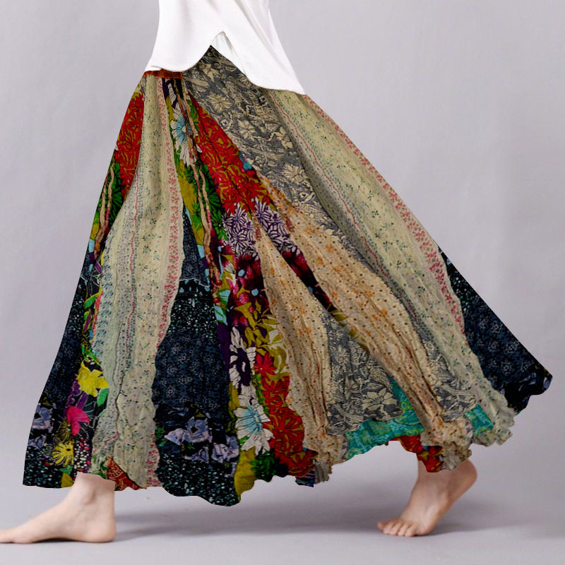 Vintage Boho Patchwork Flowy Linen Blend Wide Skirt elevenforest
