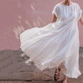 Vintage Solid Color Cotton Linen Short Sleeve Comfy Maxi Dress elevenforest