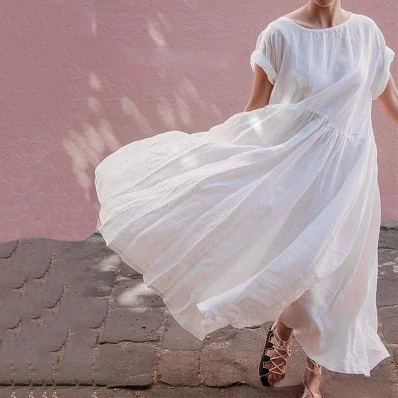 Vintage Solid Color Cotton Linen Short Sleeve Comfy Maxi Dress elevenforest